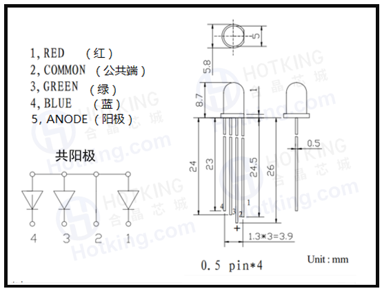三色RGB LED二极管的共阳极接法