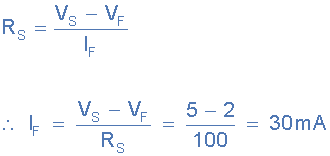 发光二极管使用100Ω串联电阻时的电流计算公式